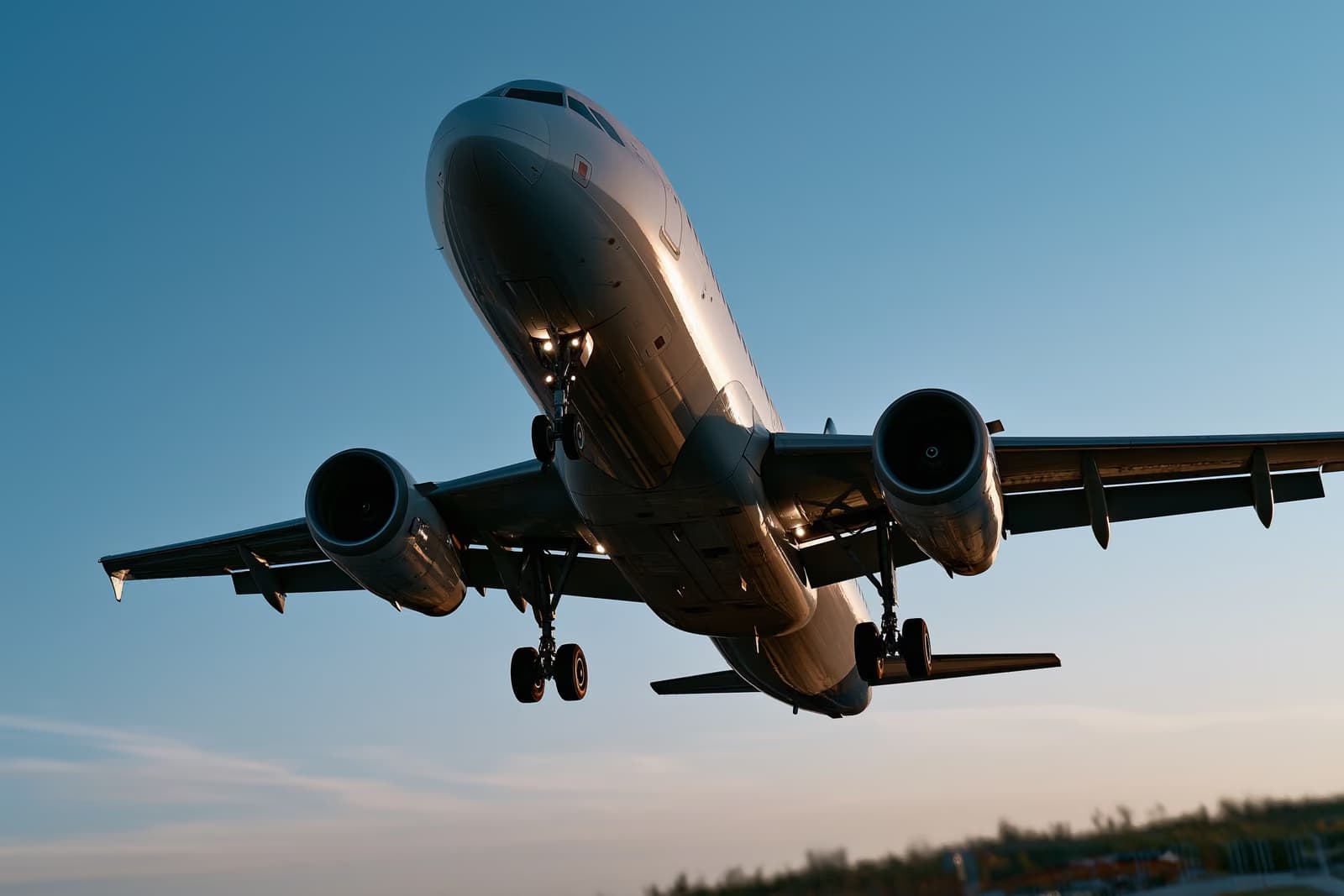 Ένα επιβατικό τζετ σκαρφαλώνει σε έναν καθαρό ουρανό, όπως φαίνεται από το έδαφος.