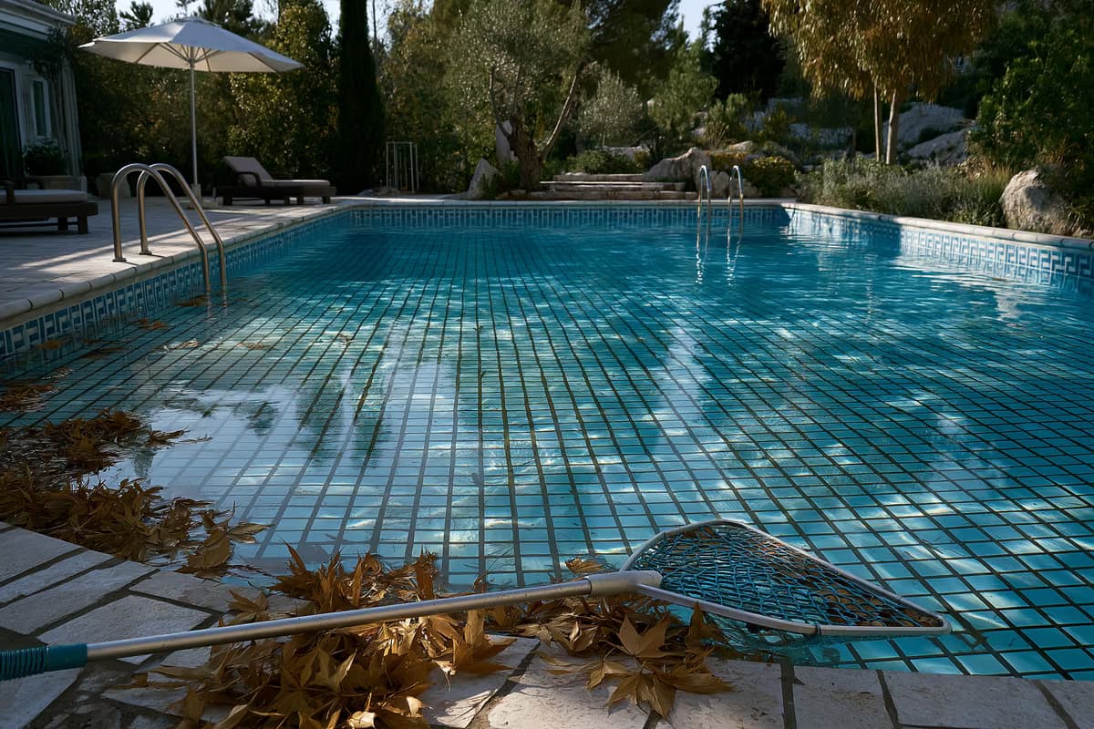 Μια μισοστραγγιζόμενη ιδιωτική πισίνα στην αυλή με ένα φίλτρο φύλλων που ακουμπάει στα ηλιόλουστα πλακάκια