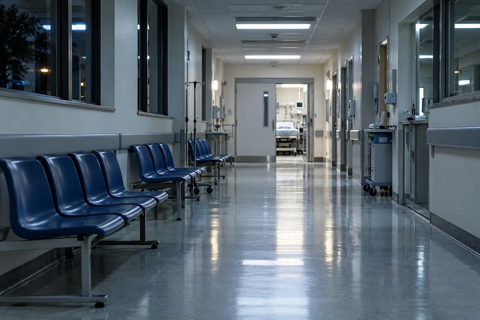 Ένας άδειος νοσοκομειακός διάδρομος τη νύχτα με σειρές από μπλε καθίσματα αναμονής κατά μήκος του τοίχου και μια ανοιχτή πόρτα προς αίθουσα θεραπείας στο βάθος.