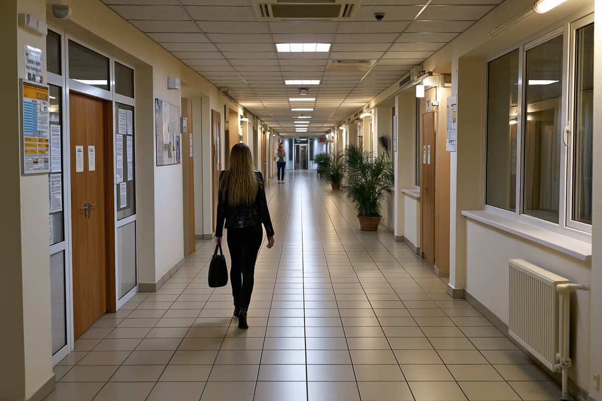 Ένα μόνο άτομο περπατάει κρατώντας μια τσάντα κατά μήκος ενός διαδρόμου ενός κτιρίου δημόσιας διοίκησης.