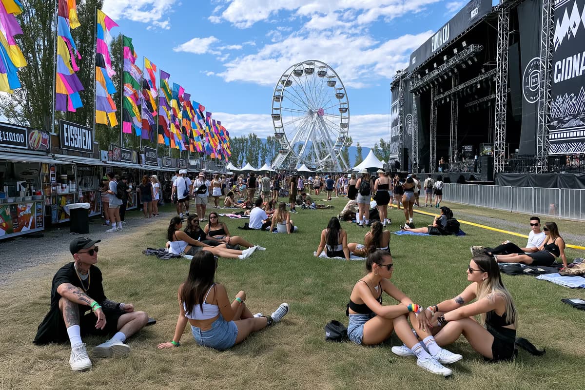 Χώρος φεστιβάλ στο Lollapalooza Berlin την ημέρα με πολύχρωμες σημαίες, πάγκους με φαγητό και επισκέπτες που χαλαρώνουν στο γρασίδι